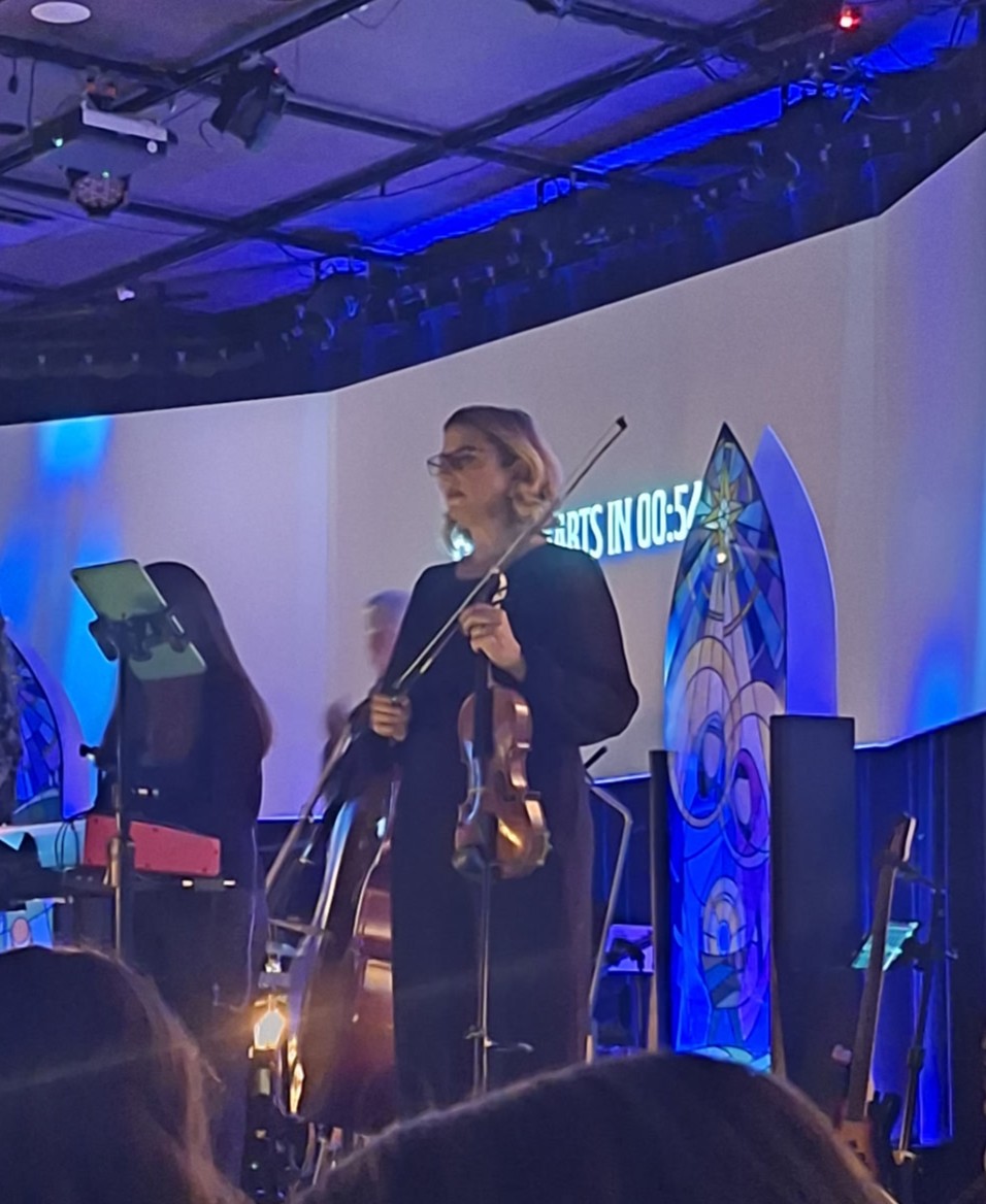 Top view of violinists in a classical orchestra